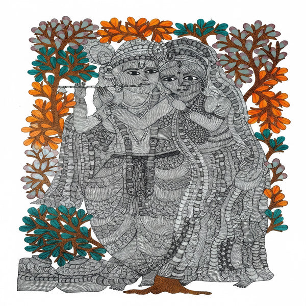 Radha Krishna & Flowering Tree – Gond Paper Painting