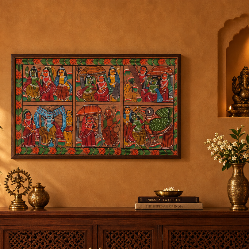 Ramayan Katha - Kalighat Painting, handmade Kalighat folk painting from India