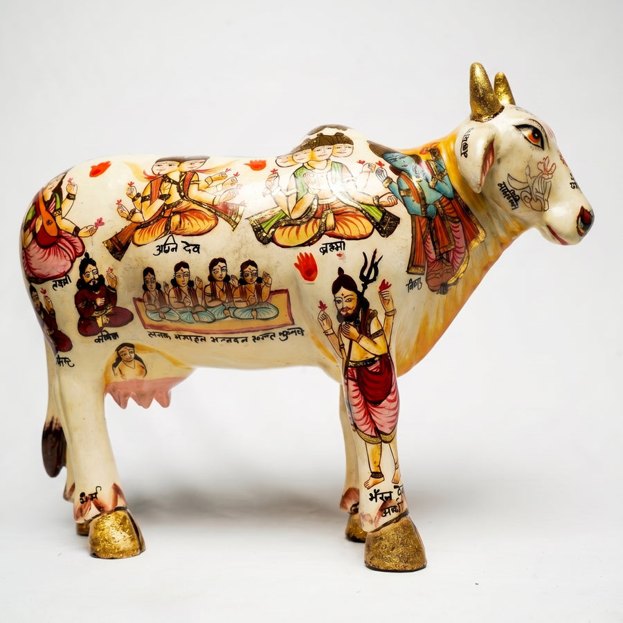 White Kamdhenu with Calf – Handpainted Artwork