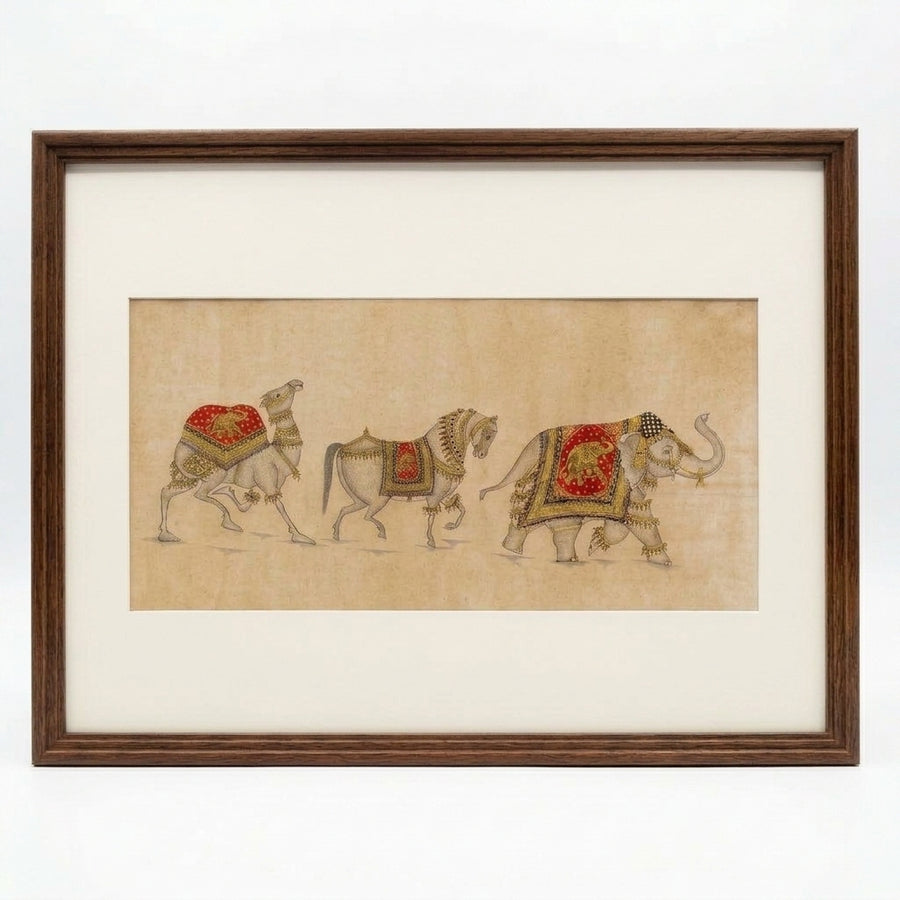 The Royal Procession of Regal Animals – Rajasthani Miniature Painting