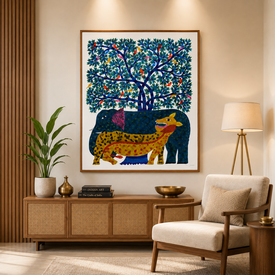 Roots of Harmony - Gond Painting, handmade Gond folk painting from India