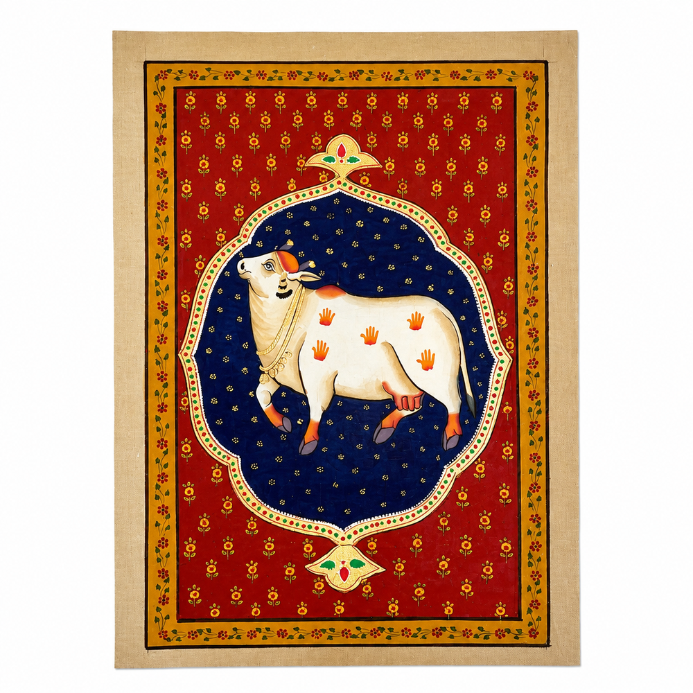 Sacred Kamdhenu Majesty - Pichwai Painting, handmade pichwai painting from India