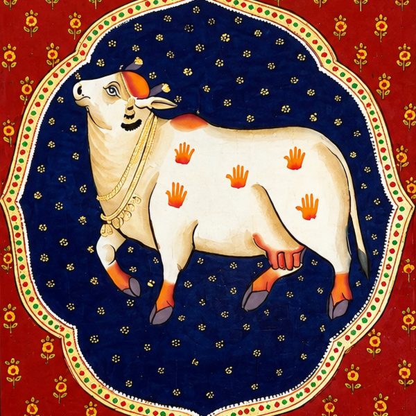 Sacred Kamdhenu Majesty - Pichwai Painting - view 2, handmade pichwai painting from India