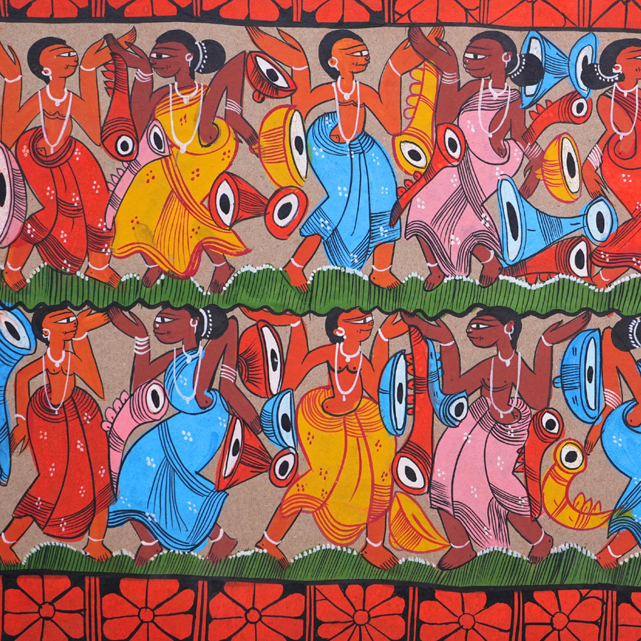 Santhal Dance - Kalighat Painting - view 2, handmade Kalighat folk painting from India