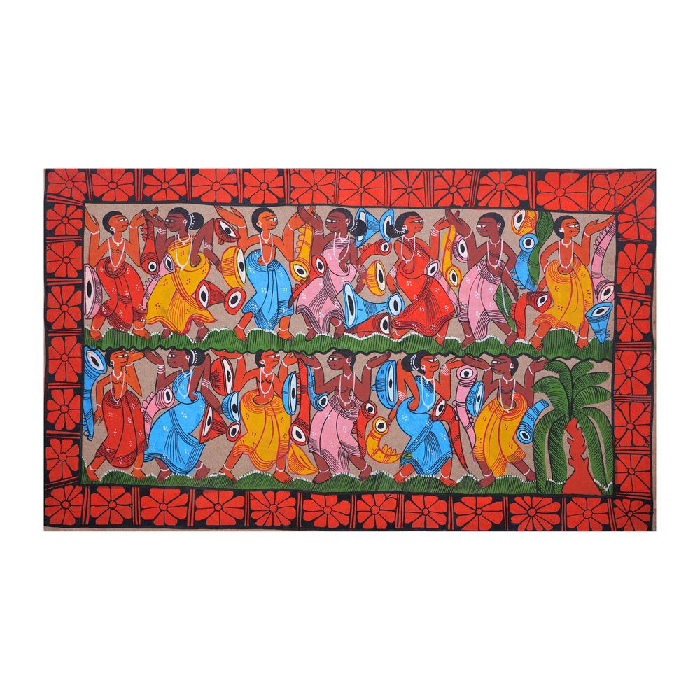 Santhal Dance - Kalighat Painting, handmade Kalighat folk painting from India