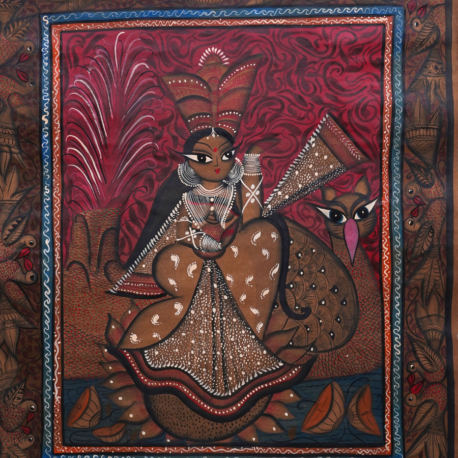 Saraswati Ji - Kalighat Painting - view 3, handmade Kalighat folk painting from India