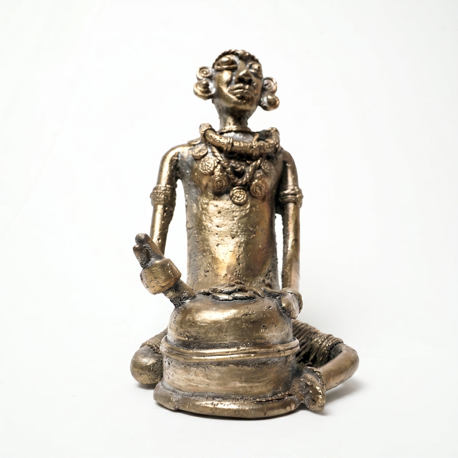 Woman Using a Stone Hand-Mill – Dhokra Metal Art