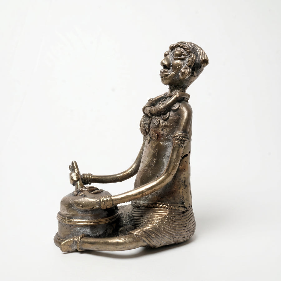 Woman Using a Stone Hand-Mill – Dhokra Metal Art