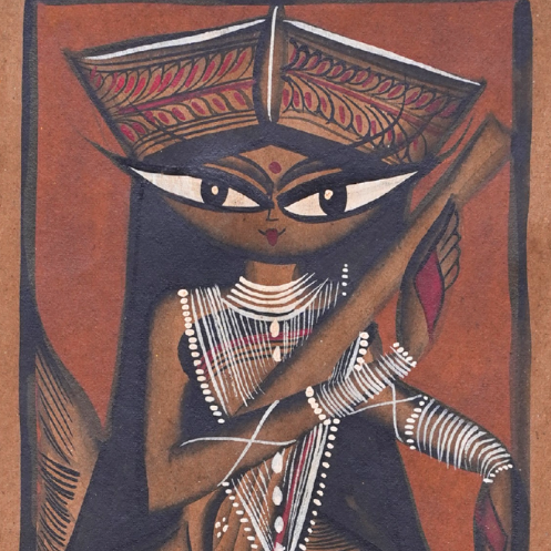 Swarangi Saraswati - Kalighat Painting - view 2, handmade Kalighat folk painting from India