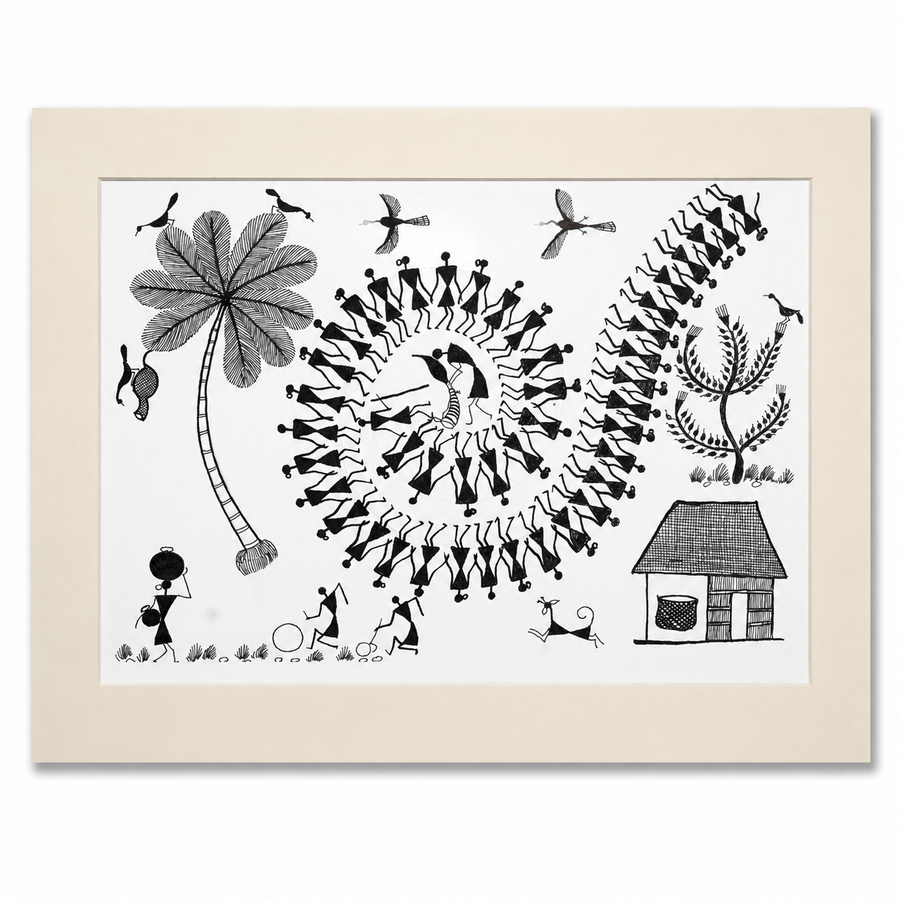 Tarpa Dance - Warli Paper Painting, handmade Warli folk painting from India