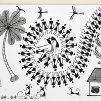 Tarpa Dance - Warli Paper Painting - view 2, handmade Warli folk painting from India