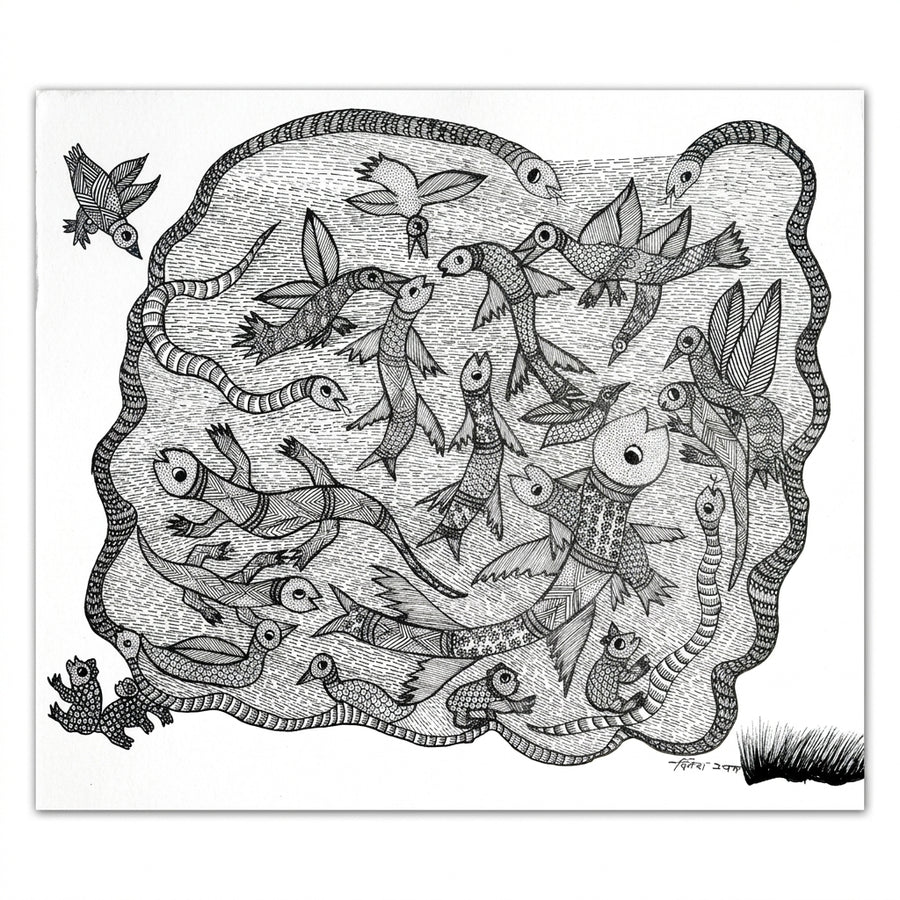 Pond with Snakes & Fish – Gond Paper Painting