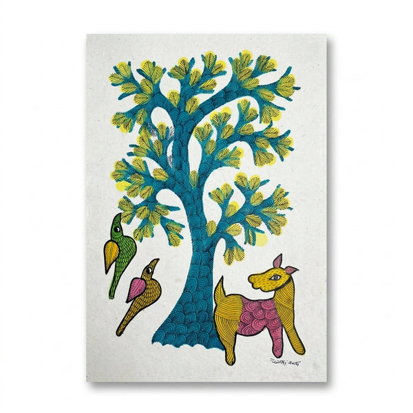 Flowering Tree, Animal & Birds – Gond Paper Painting