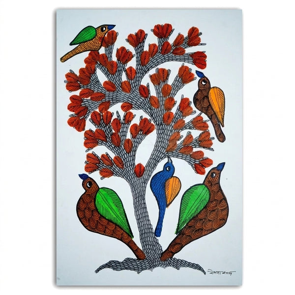Flowering Tree & Birds – Gond Paper Painting