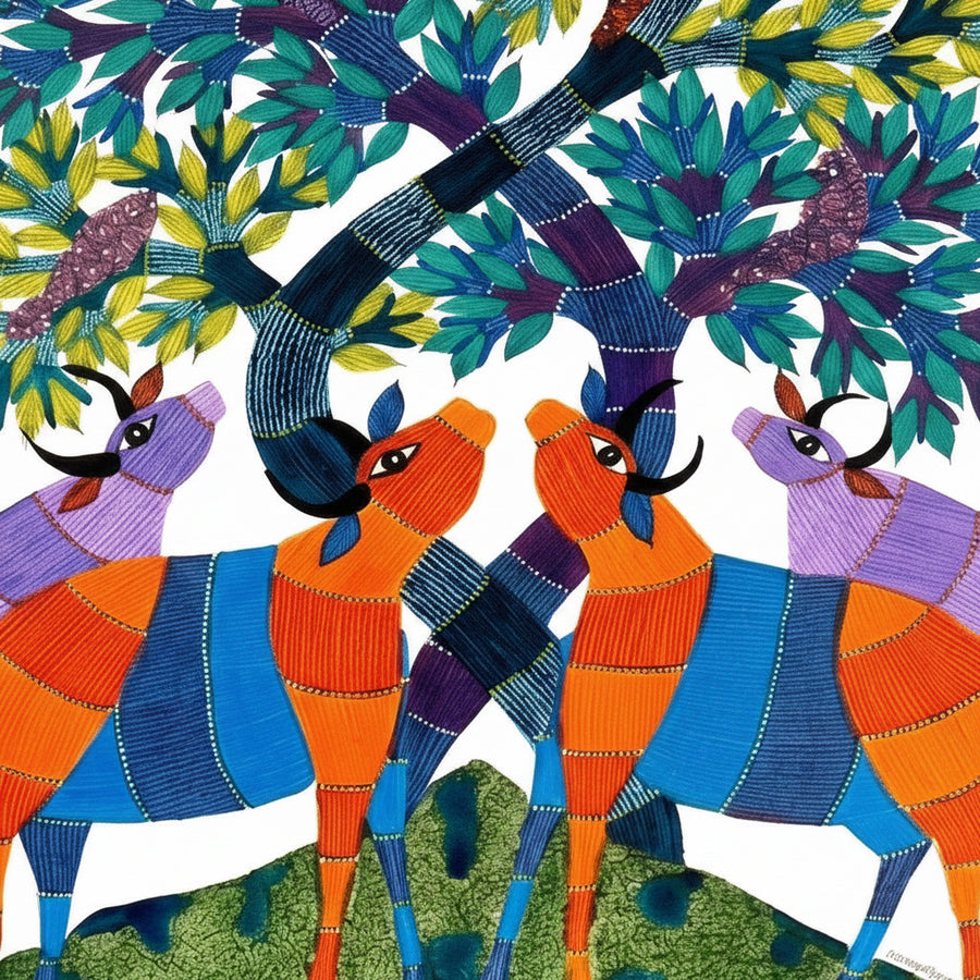 The Harmony of Animals and Tree – Gond Paper Painting