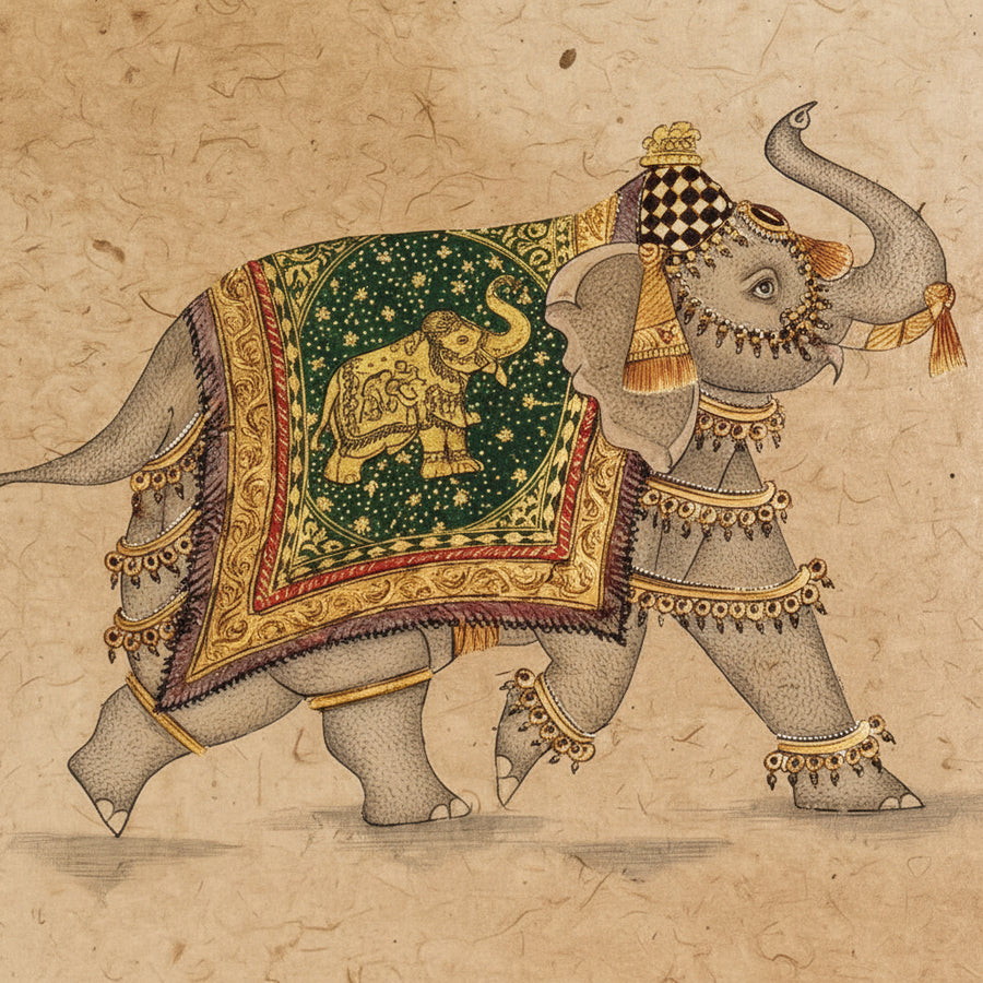 Royal Elephant in Ceremonial Attire – Rajasthani Miniature Painting