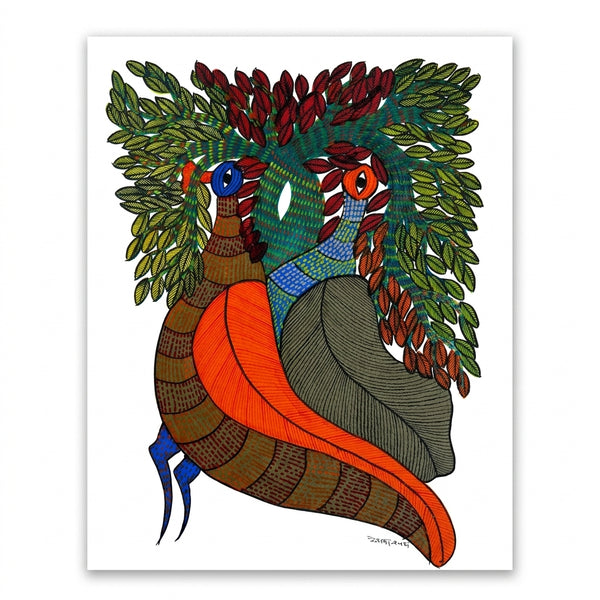Tree Between Birds – Gond Paper Painting