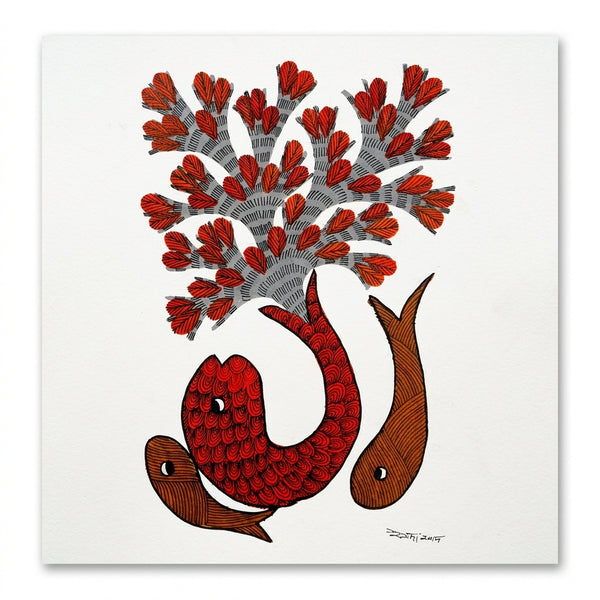 Fish and Blossoming Tree – Gond Paper Painting