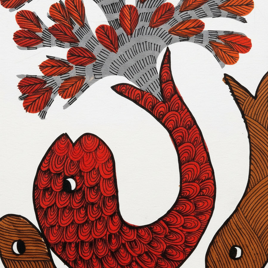 Fish and Blossoming Tree – Gond Paper Painting