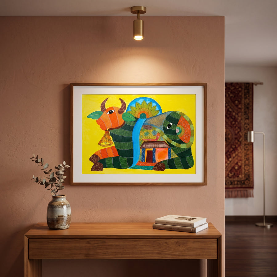 Nandi and Village Life – Gond Paper Painting