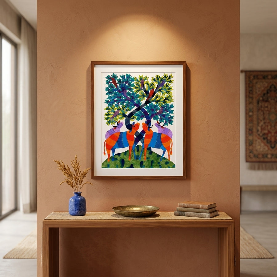 The Harmony of Animals and Tree – Gond Paper Painting