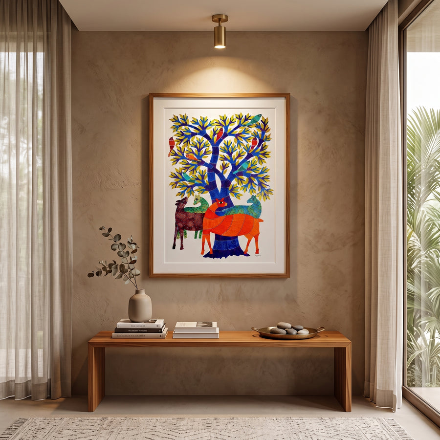 Deer, Birds, and Tree – Gond Paper Painting