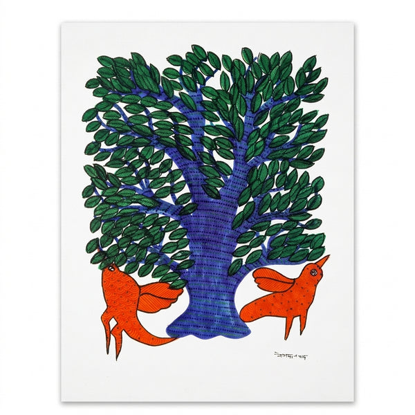 Tree and Two Birds – Gond Paper Painting