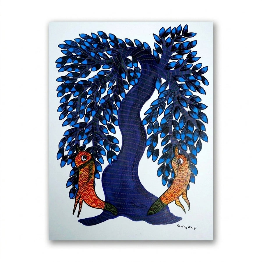 Two Birds and the Tree – Gond Paper Painting
