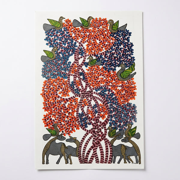 Deer, Birds and Flowering Tree – Gond Paper Painting