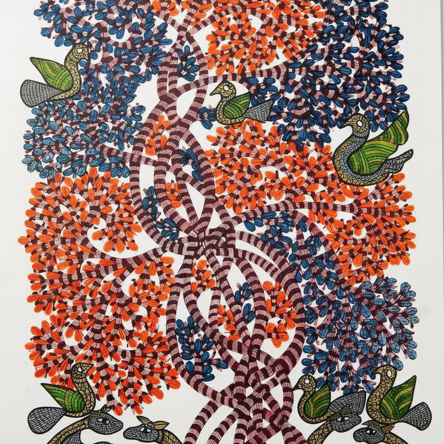 Deer, Birds and Flowering Tree – Gond Paper Painting