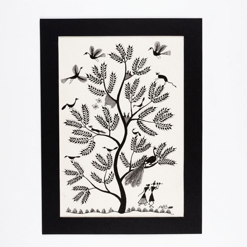 The Melody of Krishna's Flute - Warli Paper Painting, handmade Warli folk painting from India