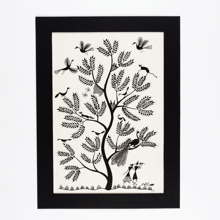 The Melody of Krishna's Flute - Warli Paper Painting, handmade Warli folk painting from India