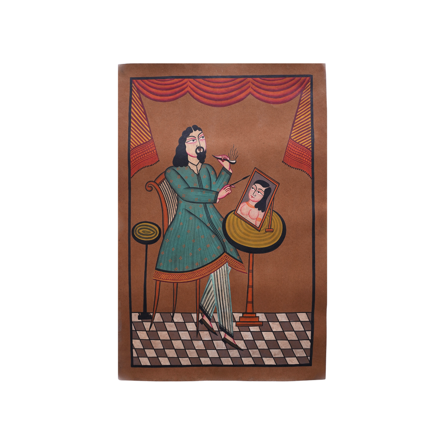 The Painter - Kalighat Painting - view 2, handmade Kalighat folk painting from India