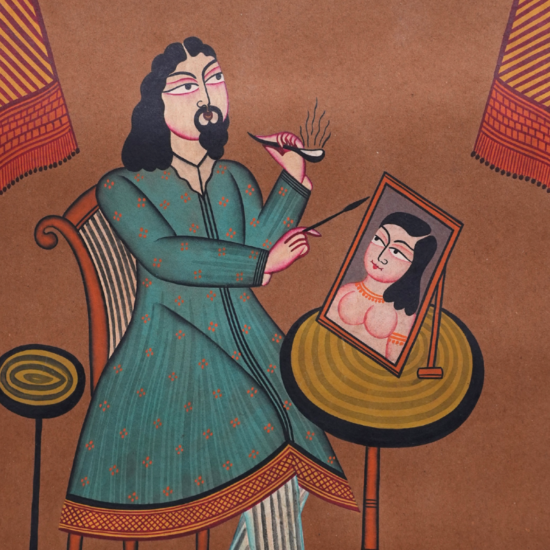 The Painter - Kalighat Painting - view 3, handmade Kalighat folk painting from India