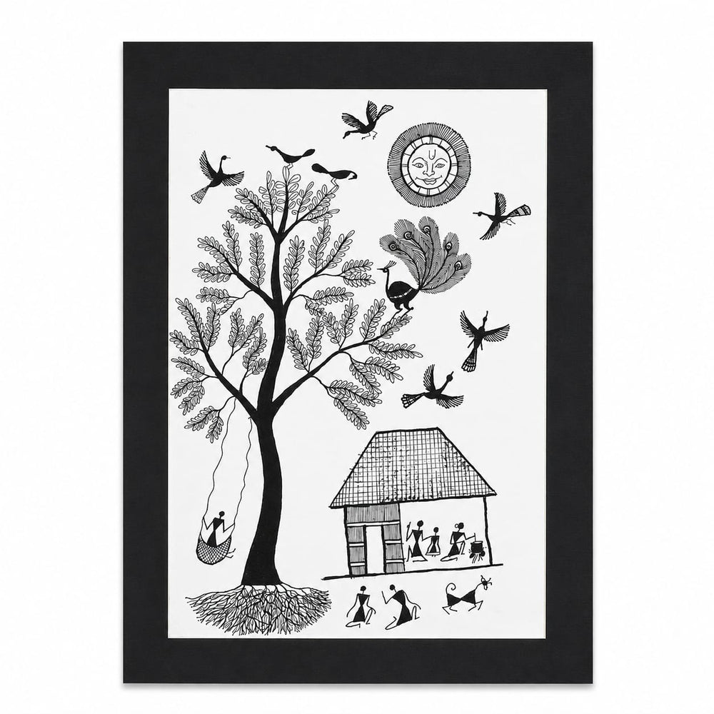 The Spirit of Village Life - Warli Paper Painting, handmade Warli folk painting from India