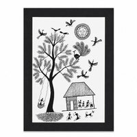 The Spirit of Village Life - Warli Paper Painting, handmade Warli folk painting from India