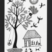 The Spirit of Village Life - Warli Paper Painting - view 2, handmade Warli folk painting from India
