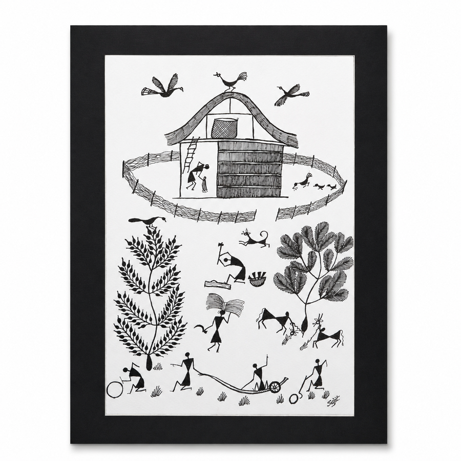The Village Chronicle - Warli Paper Painting, handmade Warli folk painting from India