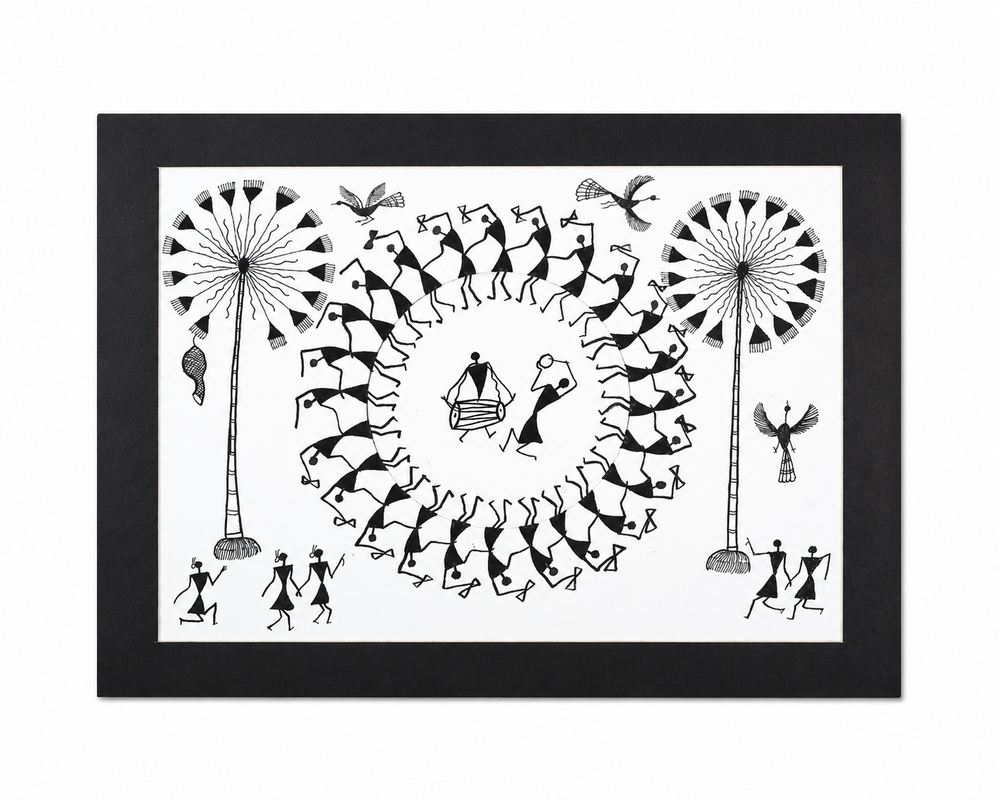 The Village Dance Celebration - Warli Paper Painting, handmade Warli folk painting from India