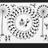 The Village Dance Celebration - Warli Paper Painting - view 2, handmade Warli folk painting from India