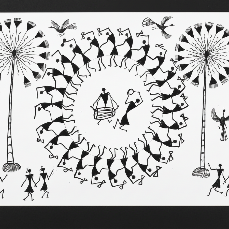 The Village Dance Celebration - Warli Paper Painting - view 2, handmade Warli folk painting from India