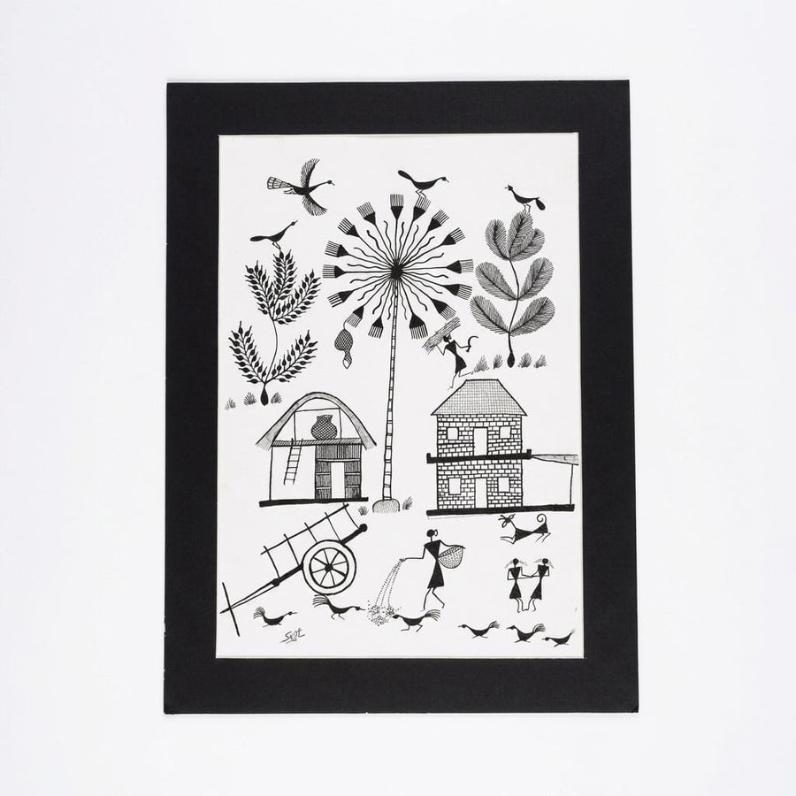 Threads of Village Life - Warli Paper Painting, handmade Warli folk painting from India