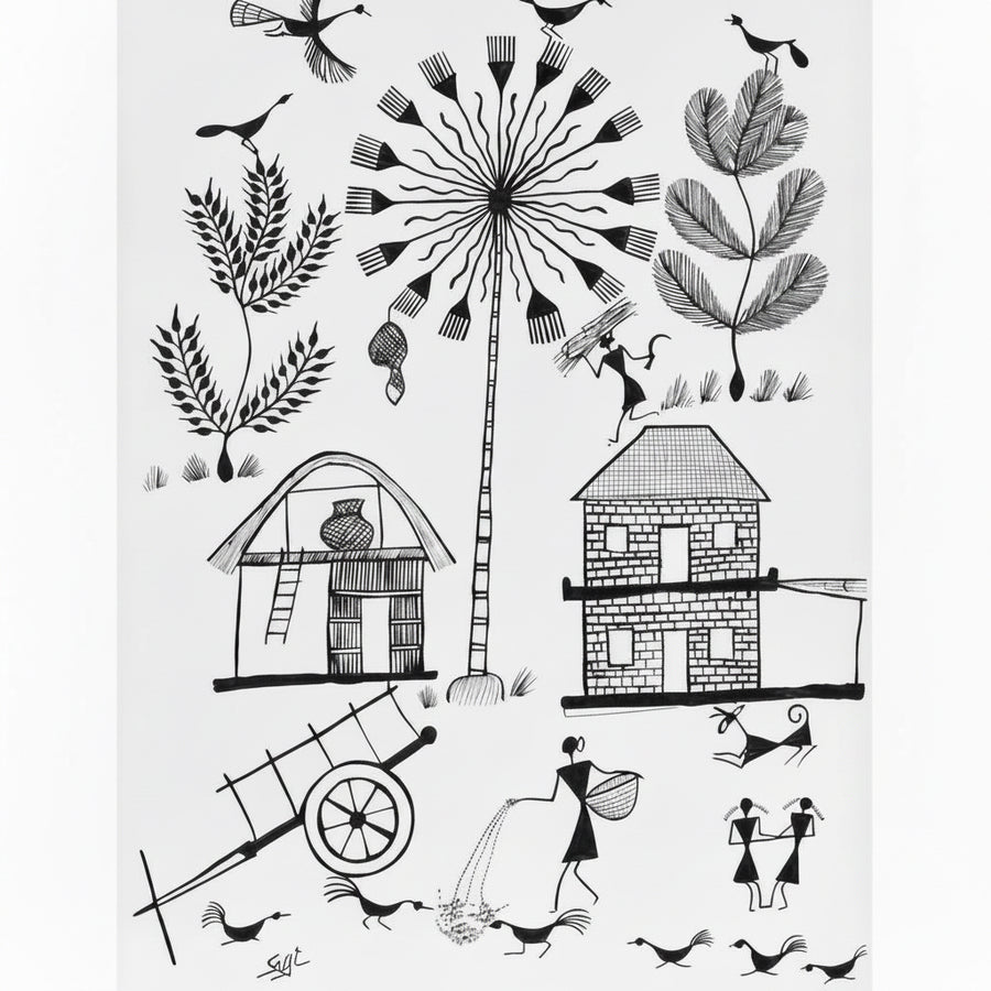 Threads of Village Life - Warli Paper Painting - view 2, handmade Warli folk painting from India