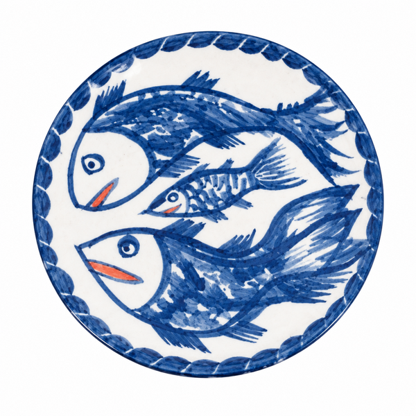 Three Fish Folk Plate - Jaipur Blue Pottery, handmade Jaipur blue pottery from India