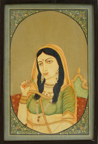 Traditional Rajput Princess - Antique Rajasthani Miniature Painting, handmade Rajasthani miniature painting from India