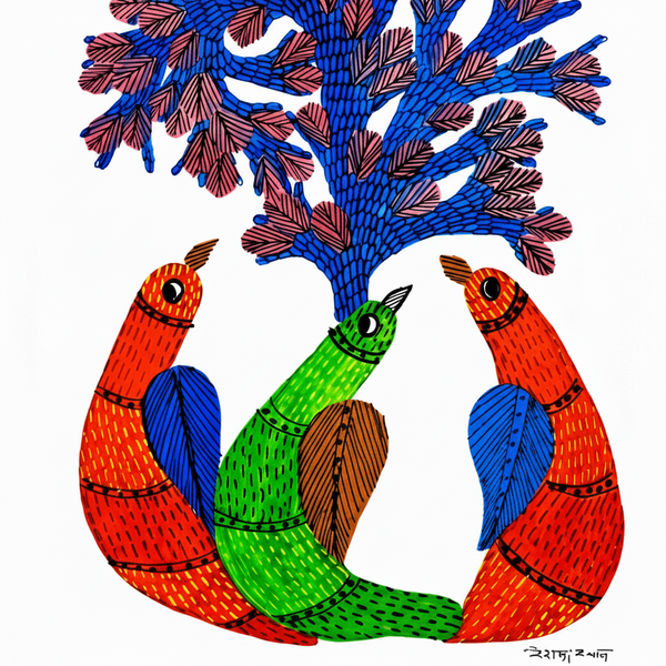 Tree and Central Bird - Gond Paper Painting - view 2, handmade Gond folk painting from India