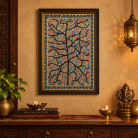 Tree of Colorful Birds - Madhubani Painting, handmade Madhubani painting from India
