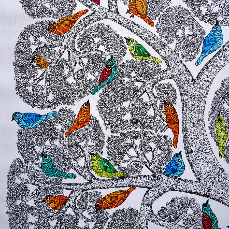 Tree of Colorful Companions - Gond Painting - view 5, handmade Gond folk painting from India