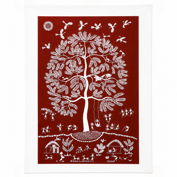Tree of Prosperity - Warli Paper Painting - view 2, handmade Warli folk painting from India