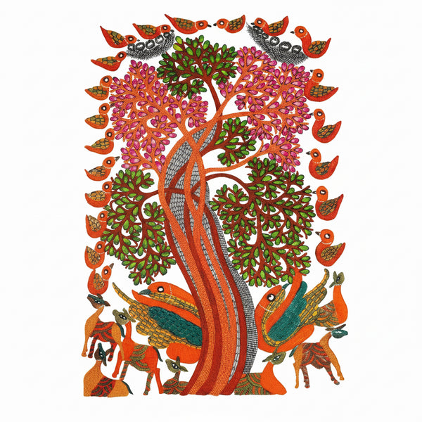 Birds and Tree of Life – Gond Paper Painting